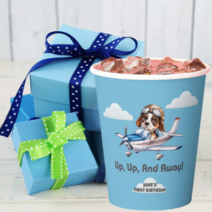 Cute Dog Pilot Flying Aeroplane Boy First Birthday Paper Cups