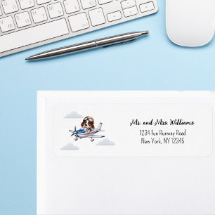 Cute Dog Pilot Flying Aeroplane Boy First Birthday Return Address Label