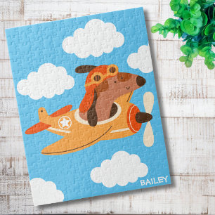 Cute Dog Pilot Flying Aeroplane, Personalised Jigsaw Puzzle