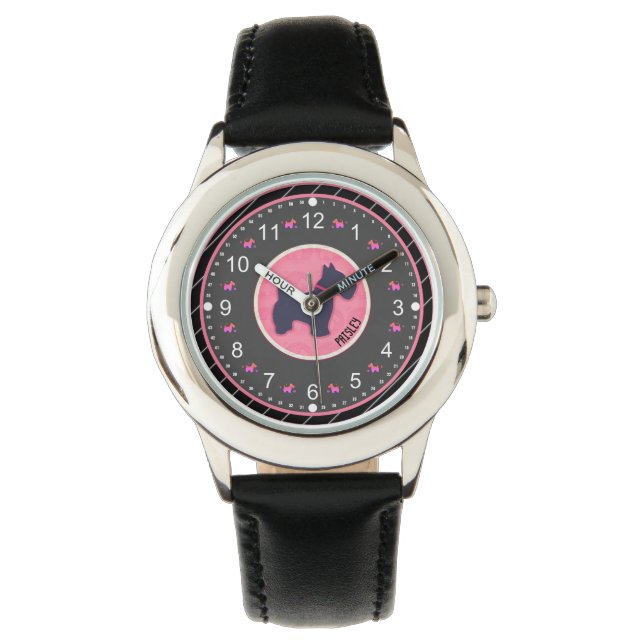 Cute Dog Pink Black Custom Name Watch (Front)
