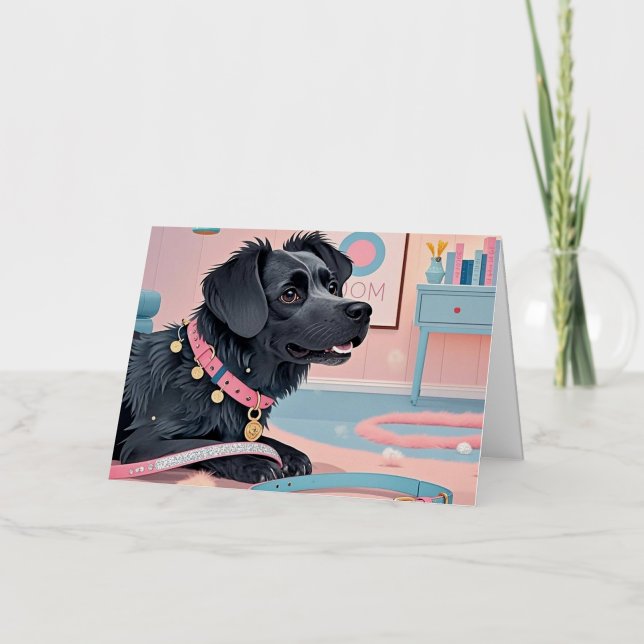 Cute dog pink blue bling dog mum  foil greeting card (Front)