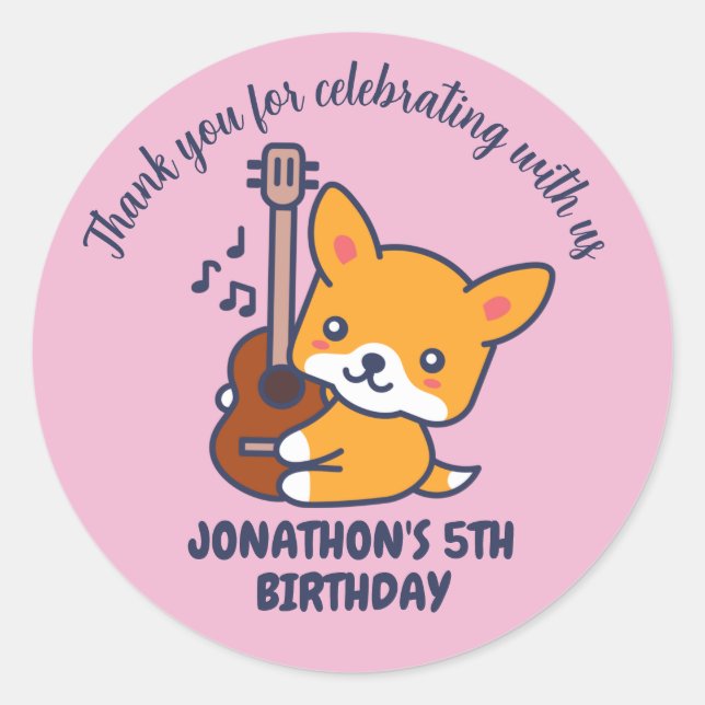 Cute Dog Play Guitar Kids Birthday Party Classic Round Sticker (Front)
