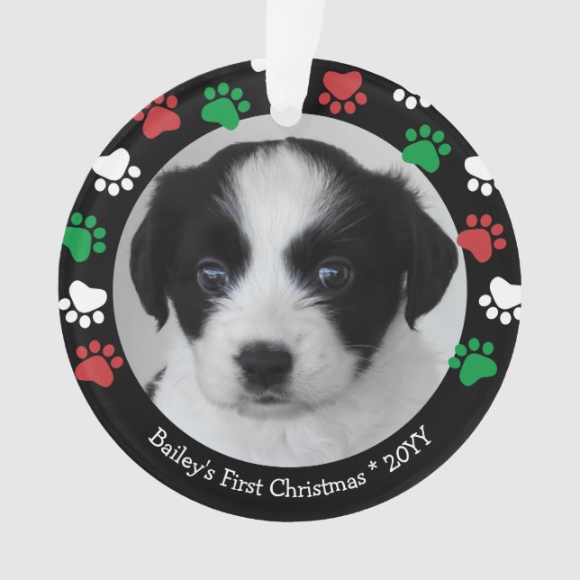 Cute Dog Puppy First Christmas Pawprints Red Green Ornament (Front)