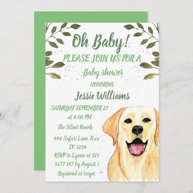 Cute Dog Puppy Labrador Green Baby boy shower Invitation (Front/Back)