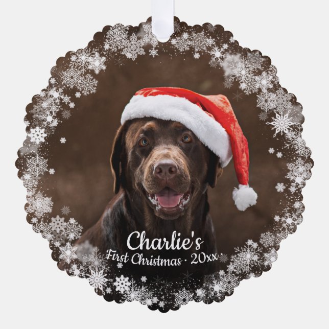 Cute Dog Puppy Pet First Christmas Photo Snowflake Tree Decoration Card (Front)