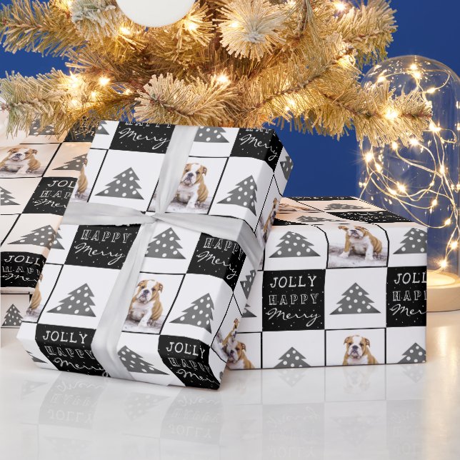 Cute Dog Puppy Pet Merry Black Christmas Tree  Wrapping Paper (Holidays)