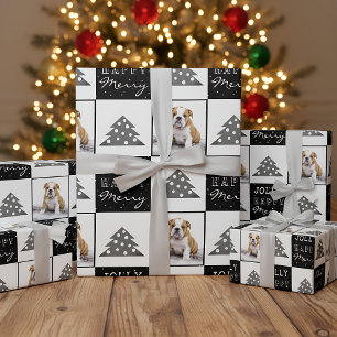 Cute Dog Puppy Pet Merry Black Christmas Tree Wrapping Paper