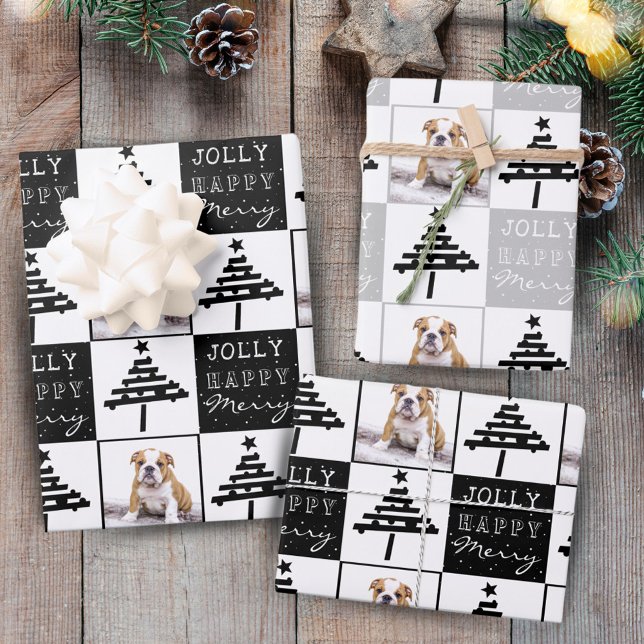Cute Dog Puppy Pet Photo Black Christmas Tree Wrapping Paper Sheet (Creator Uploaded)