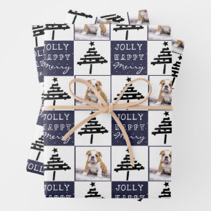 Cute Dog Puppy Pet Photo Blue Christmas Tree Wrapping Paper Sheet