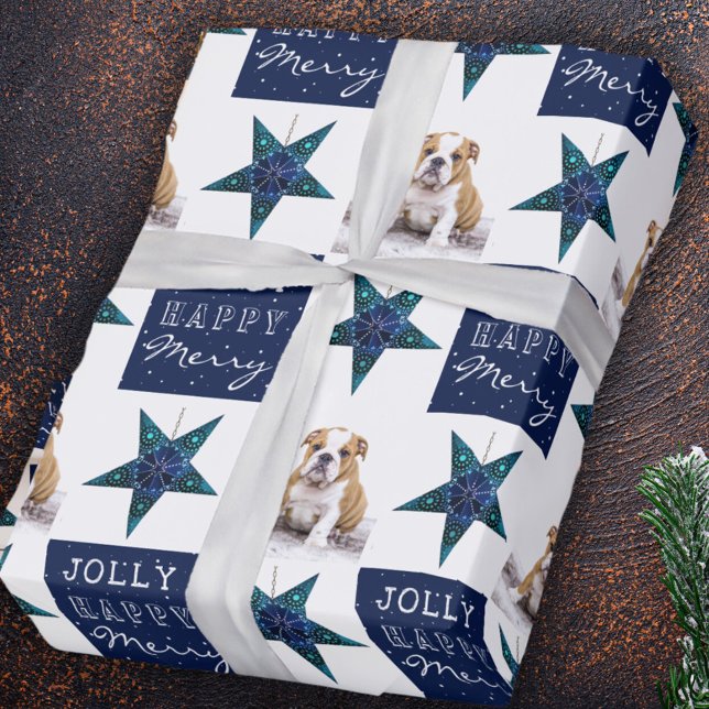 Cute Dog Puppy Pet Photo Festive Star Christmas Wrapping Paper (Creator Uploaded)