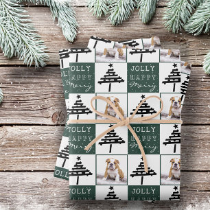 Cute Dog Puppy Pet Photo Green Christmas Tree Wrapping Paper Sheet