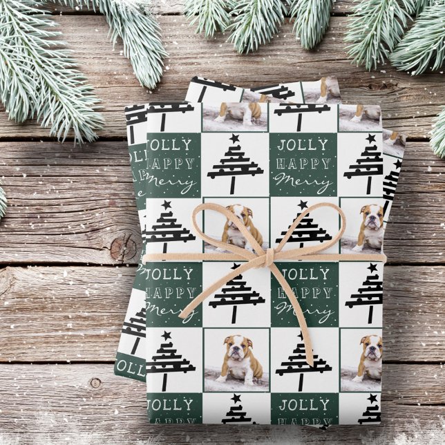 Cute Dog Puppy Pet Photo Green Christmas Tree Wrapping Paper Sheet (Creator Uploaded)