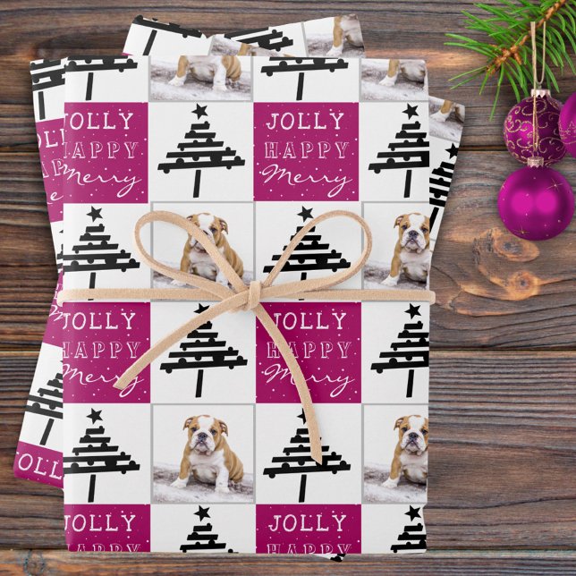 Cute Dog Puppy Pet Photo Purple Christmas Tree Wrapping Paper Sheet (Creator Uploaded)