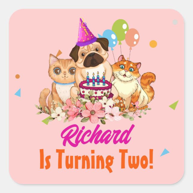 Cute Dog Puppy Themed Kid's Birthday Party Square Sticker (Front)