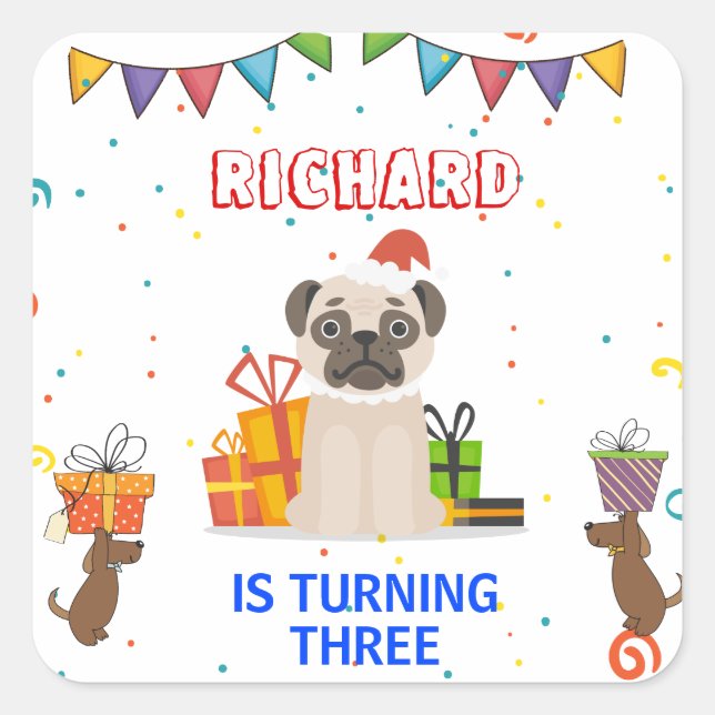Cute Dog Puppy Themed Kid's Birthday Party Square Sticker (Front)