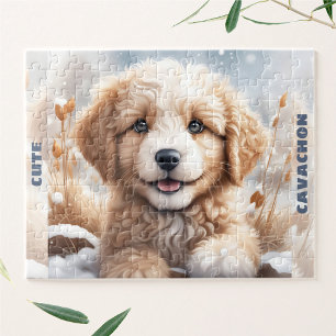 Cute Dog Puppy Winter Snow Custom Name Jigsaw Puzzle