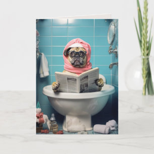 Cute Dog Reading Newspaper in Bathroom Folded Card