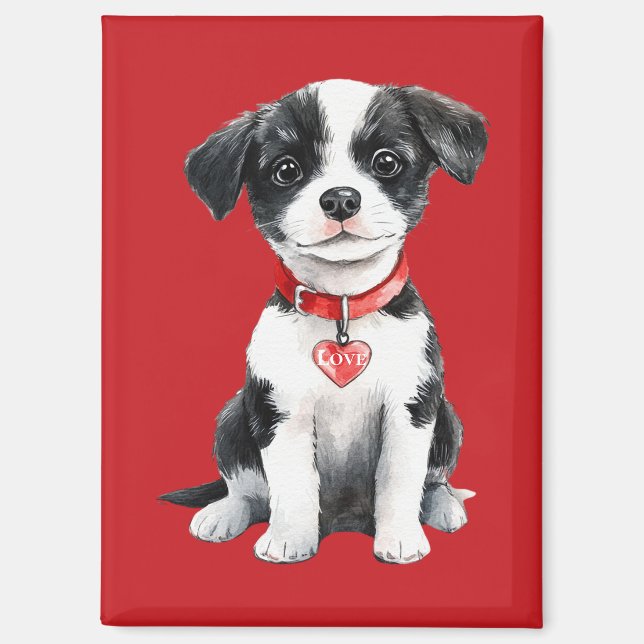 Cute Dog Red Heart Love Magnet (Front)