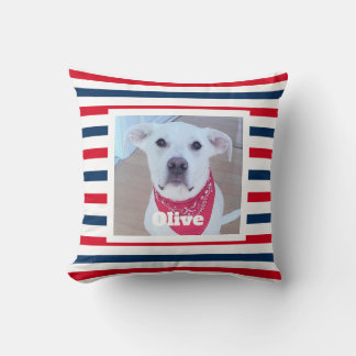 Cute Dog Red White Blue Stripes Patriotic Photo Cushion
