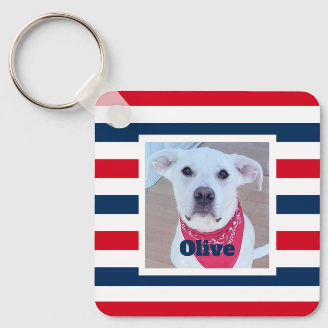 Cute Dog Red White Blue Stripes Patriotic Photo Key Ring (Front)