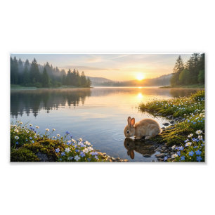 Cute Dog Resting By Calm Lake At Sunrise Photo Enl Print