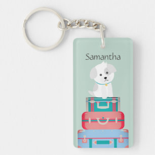 Cute Dog Sat on Suitcases Personalised Key Ring