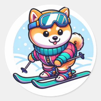 Cute dog Shiba skiing in the winter  Classic Round Sticker