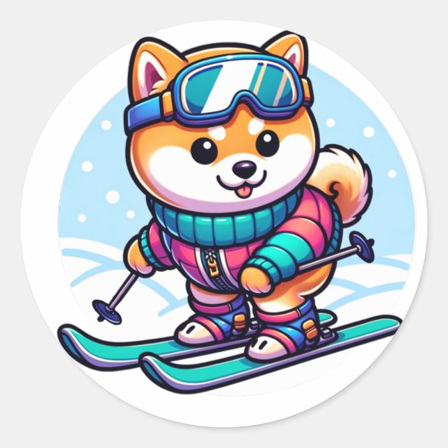 Cute dog Shiba skiing in the winter  Classic Round Sticker (Front)