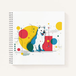 Cute dog sits in colourful art space notebook