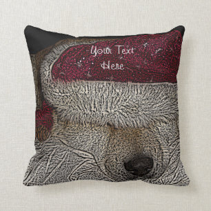 Cute dog sleeping while dressed for christmas cushion