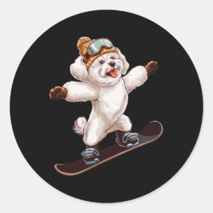 Cute Dog Snowboarding Fun Winter Sport Men Women Classic Round Sticker