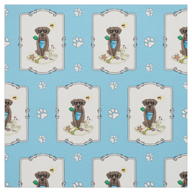 Cute Dog Summer Beach Chocolate Labrador Retriever Fabric (Swatch)