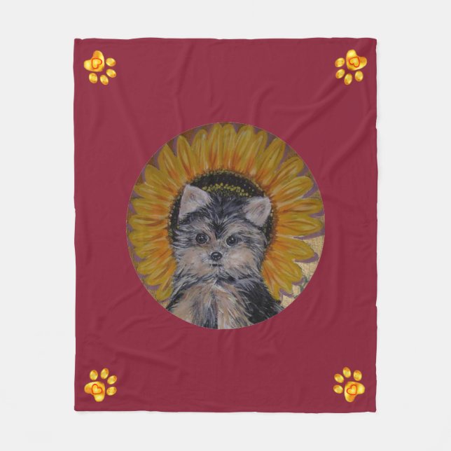 Cute Dog, Sunflower and Gold Paws Fleece Blanket (Front)