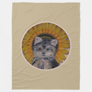Cute Dog, Sunflower on Light Beige Fleece Blanket