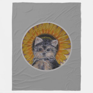 Cute Dog, Sunflower on Silver Grey Fleece Blanket