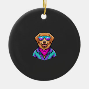 Cute Dog Sunglasses Retro Neon Art_1 Ceramic Ornament