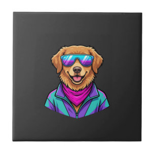 Cute Dog Sunglasses Retro Neon Art_1 Ceramic Tile