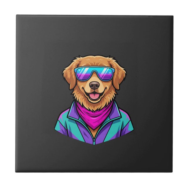 Cute Dog Sunglasses Retro Neon Art_1 Ceramic Tile (Front)