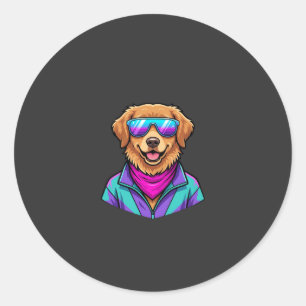 Cute Dog Sunglasses Retro Neon Art_1 Classic Round Sticker