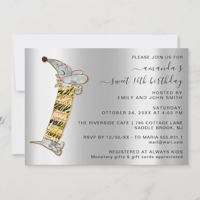 Cute Dog Sweet 16th Birthday Party Silver Grey Invitation (Front)