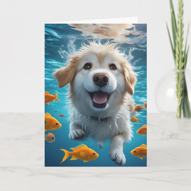 Cute Dog Swimming with Fish Blank Card (Front)