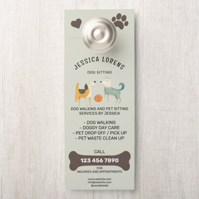 Cute Dog Walking Pet Puppy Sitting Services  Door Hanger (On Knob)