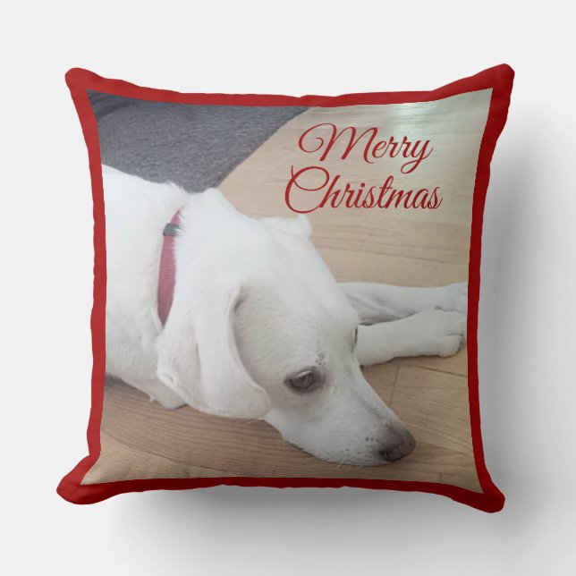 Cute dog Wearing Red Collar Christmas Cushion (Front)