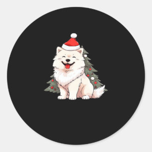 Cute Dog wearing Santa hat and Christmas tree Clas Classic Round Sticker
