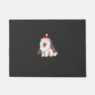 Cute Dog wearing Santa hat and Christmas tree Clas Doormat