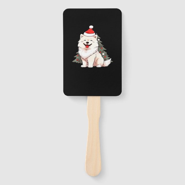Cute Dog wearing Santa hat and Christmas tree Clas Hand Fan (Front)