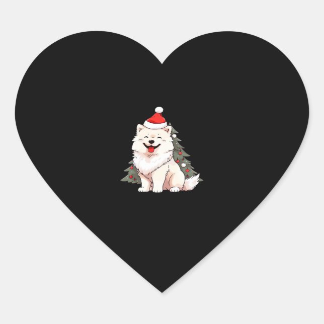 Cute Dog wearing Santa hat and Christmas tree Clas Heart Sticker (Front)