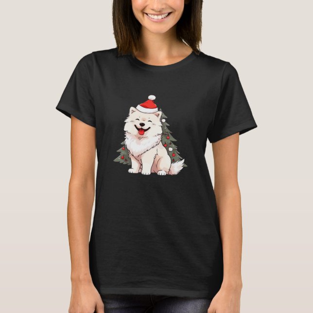 Cute Dog wearing Santa hat and Christmas tree Clas T-Shirt (Front)