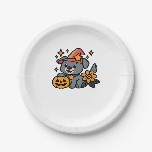 Cute Dog Witch hat Pumpkin Fun Halloween Oversized Paper Plate (Front)
