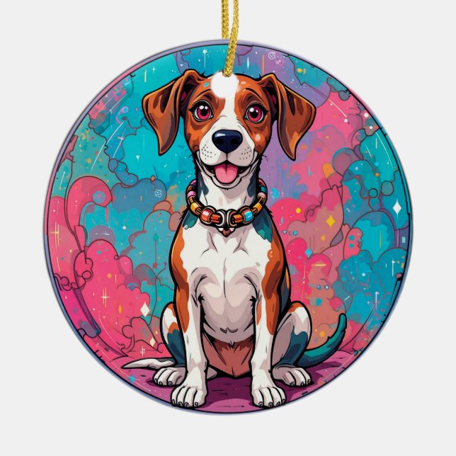 Cute Dog With a Colourful Collar Ceramic Ornament (Front)